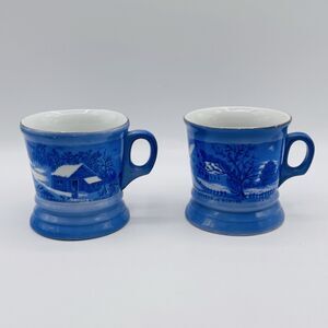 Vintage Currier & Ives Transferware Pedestal Mugs Winter Scenes Set Of 2
